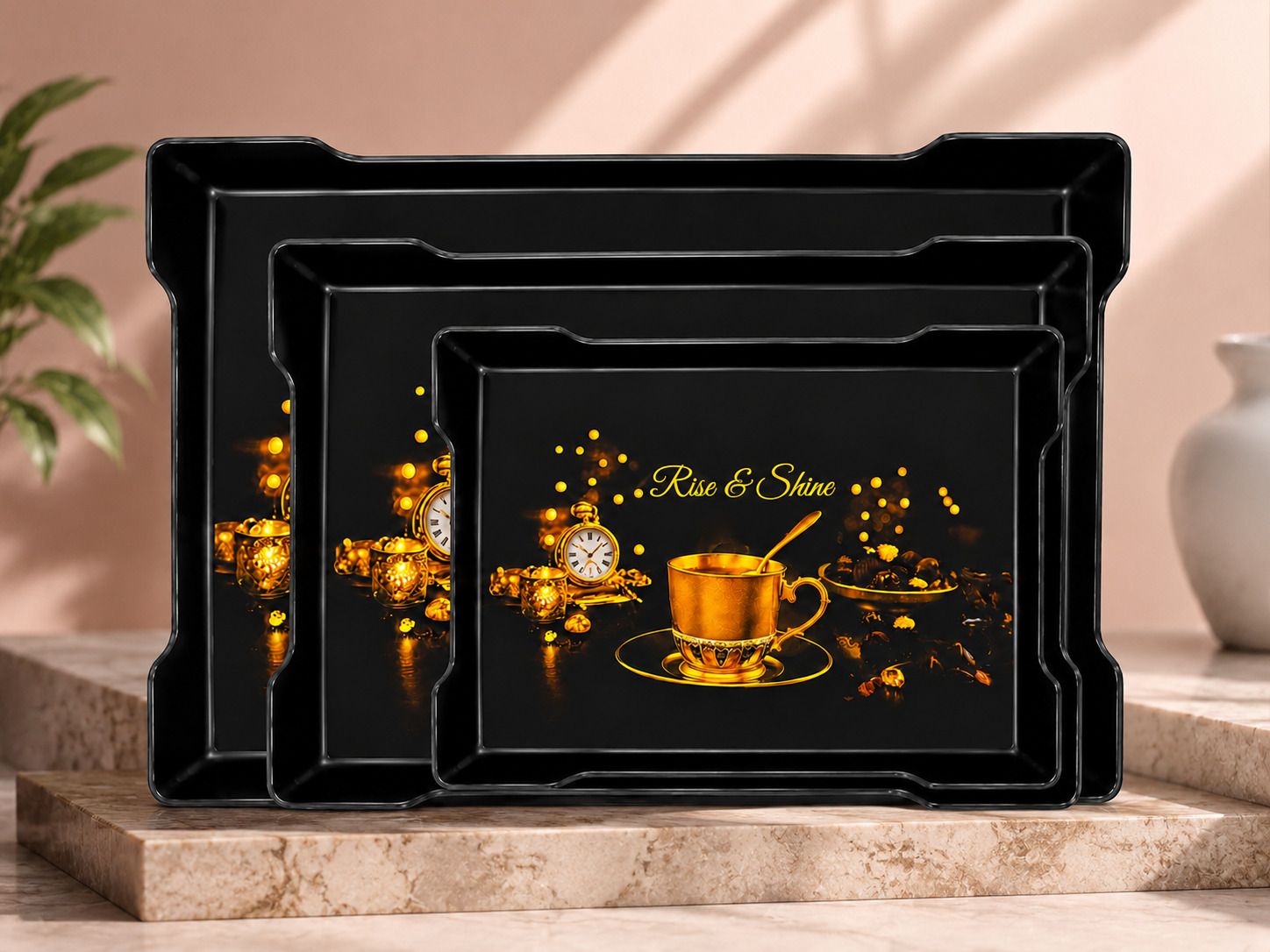urbanplast Durable Plastic Serving Tray Set for Home Kitchen Tea Coffee and Snacks Tray Serving Set-picture-11