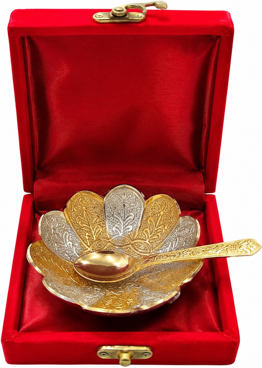 Decorative Floral Bowl with Spoon Gift Set in Velvet Presentation Box Bowl, Spoon Serving Set-image-17
