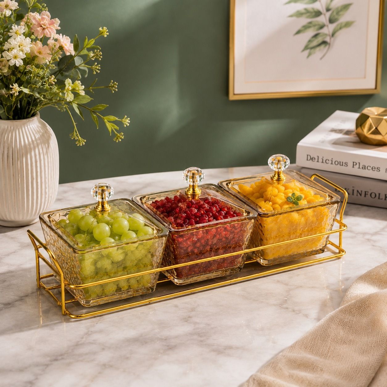 3 PCS Acrylic Dry Fruit Box with Gold Metal Rack for Dry Fruits,Snacks & Mukhwas Bowl, Tray Serving Set-image-29