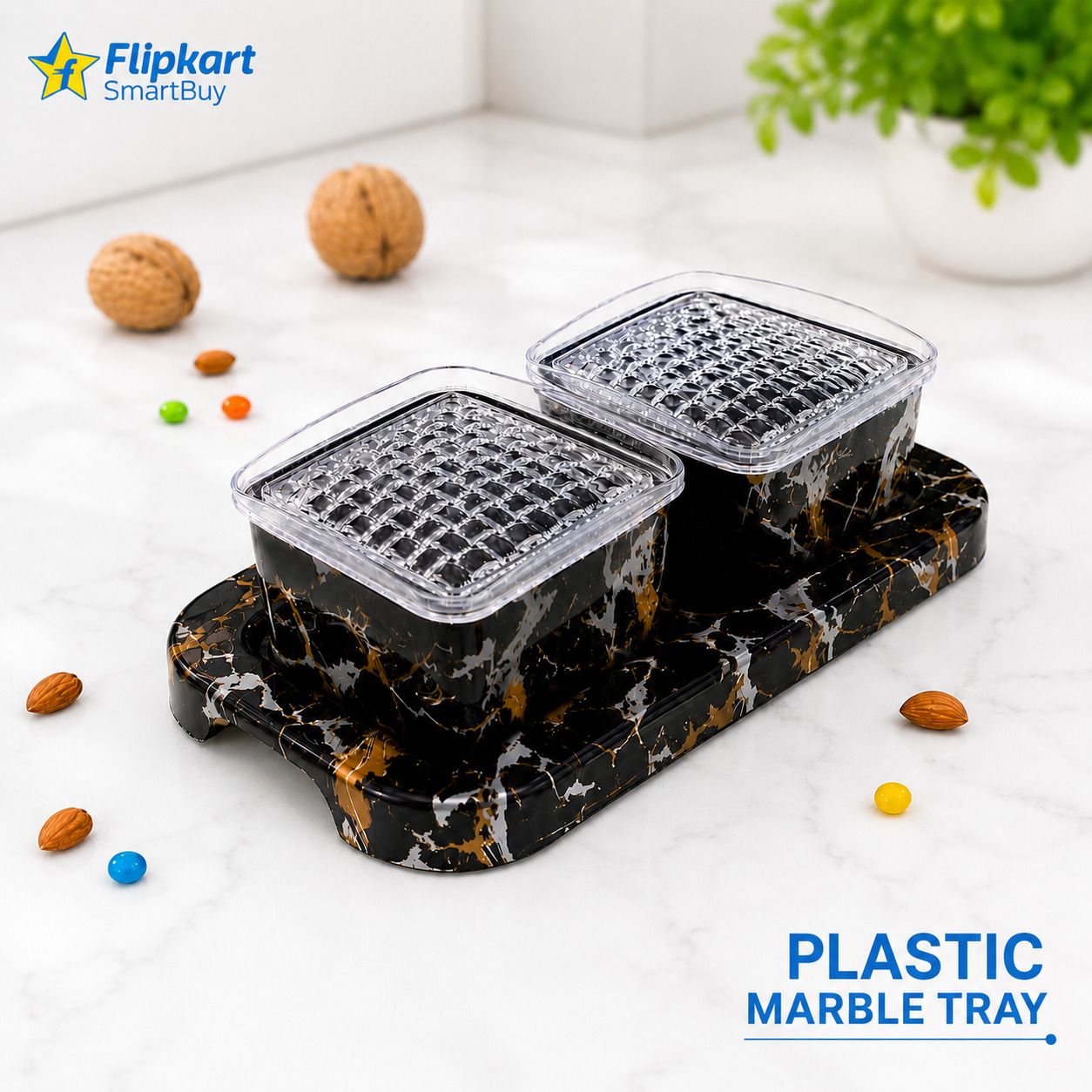 Plastic Marble Tray with 2 Airtight Storage Bowls (400 ml Each) Tray, Container Serving Set-image-29