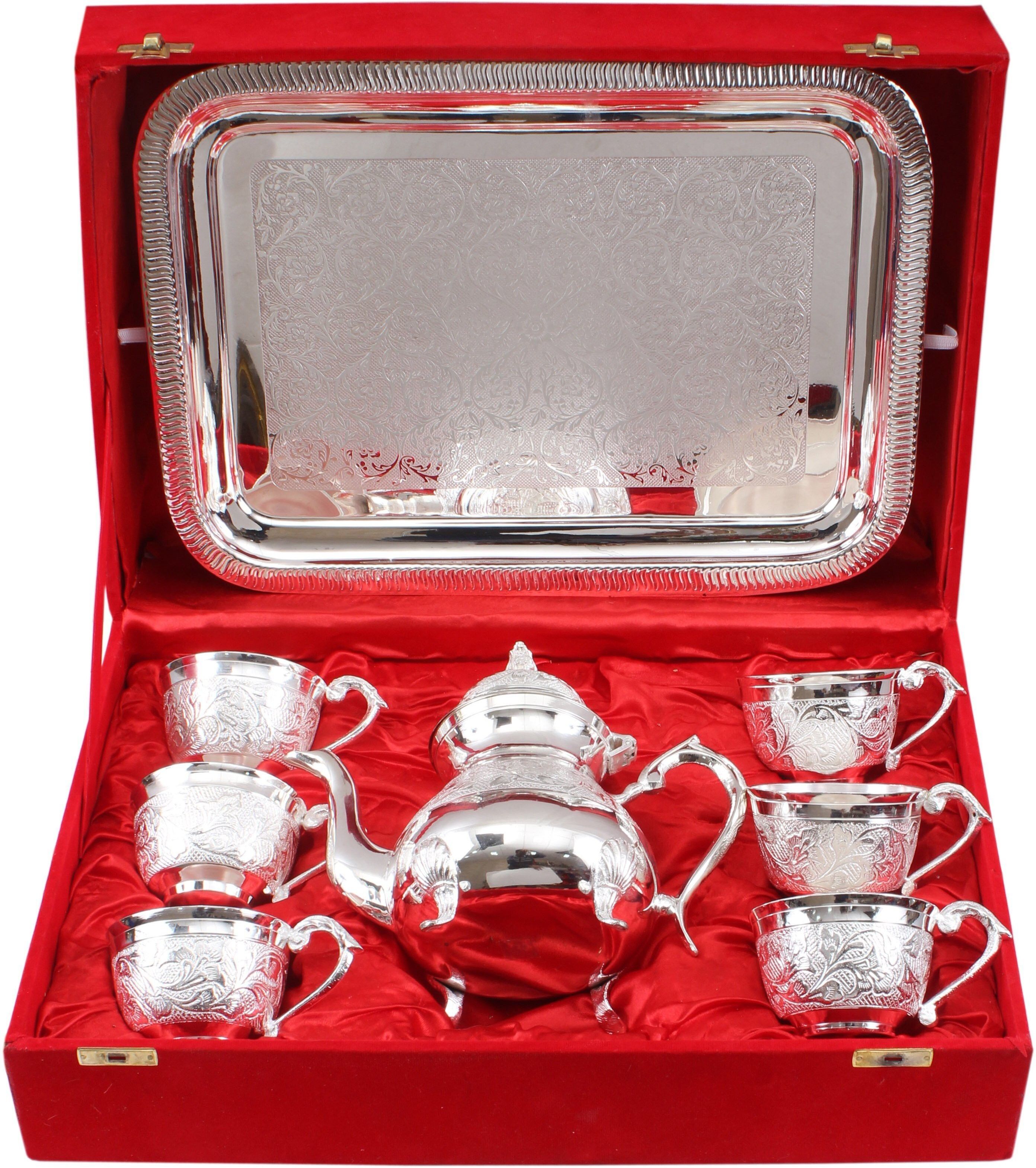 Silver Plated Designer Set of 1 Tea Pot with 6 Cup & 1 Tray with Box (8 Pieces) Tray, Cup Serving Set-image-29