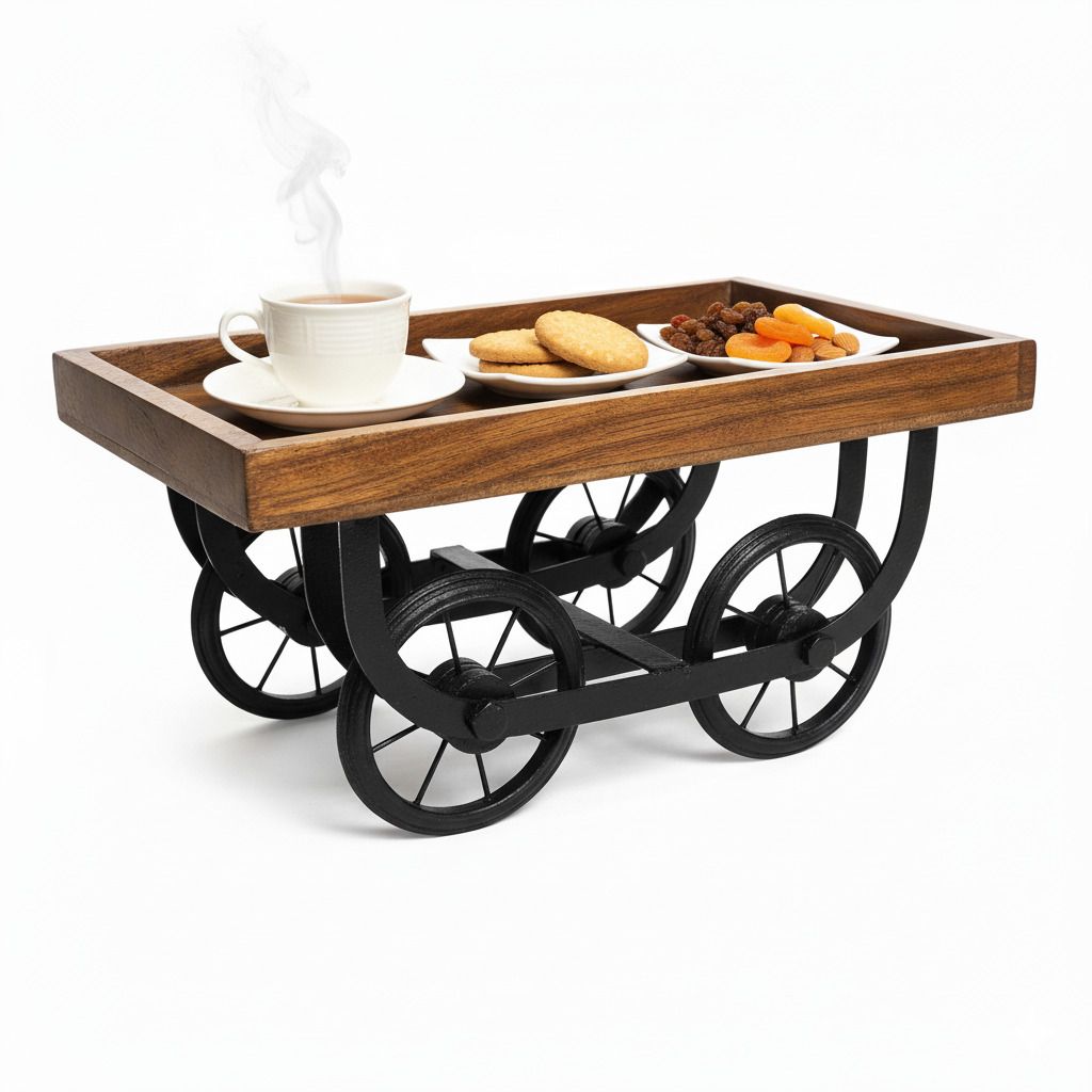 diamond handicraft Wooden Serving Cart Tray with Moveable Iron Wheels Tray Serving Set-picture-15