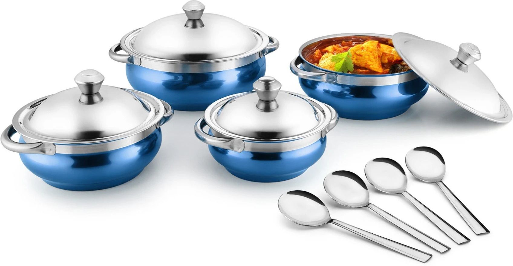 Blue 4 Handi with lid + 4 Serving Spoon Bowl, Spoon Serving Set