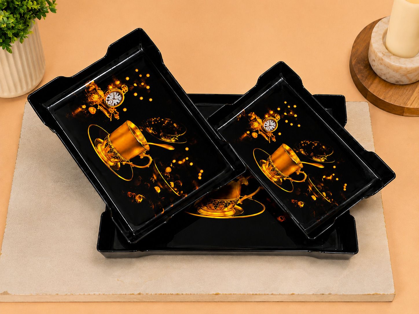 urbanplast Black Premium Serving Tray Set of 3 for Tea Coffee Snacks and Beverages Tray Serving Set-picture-21