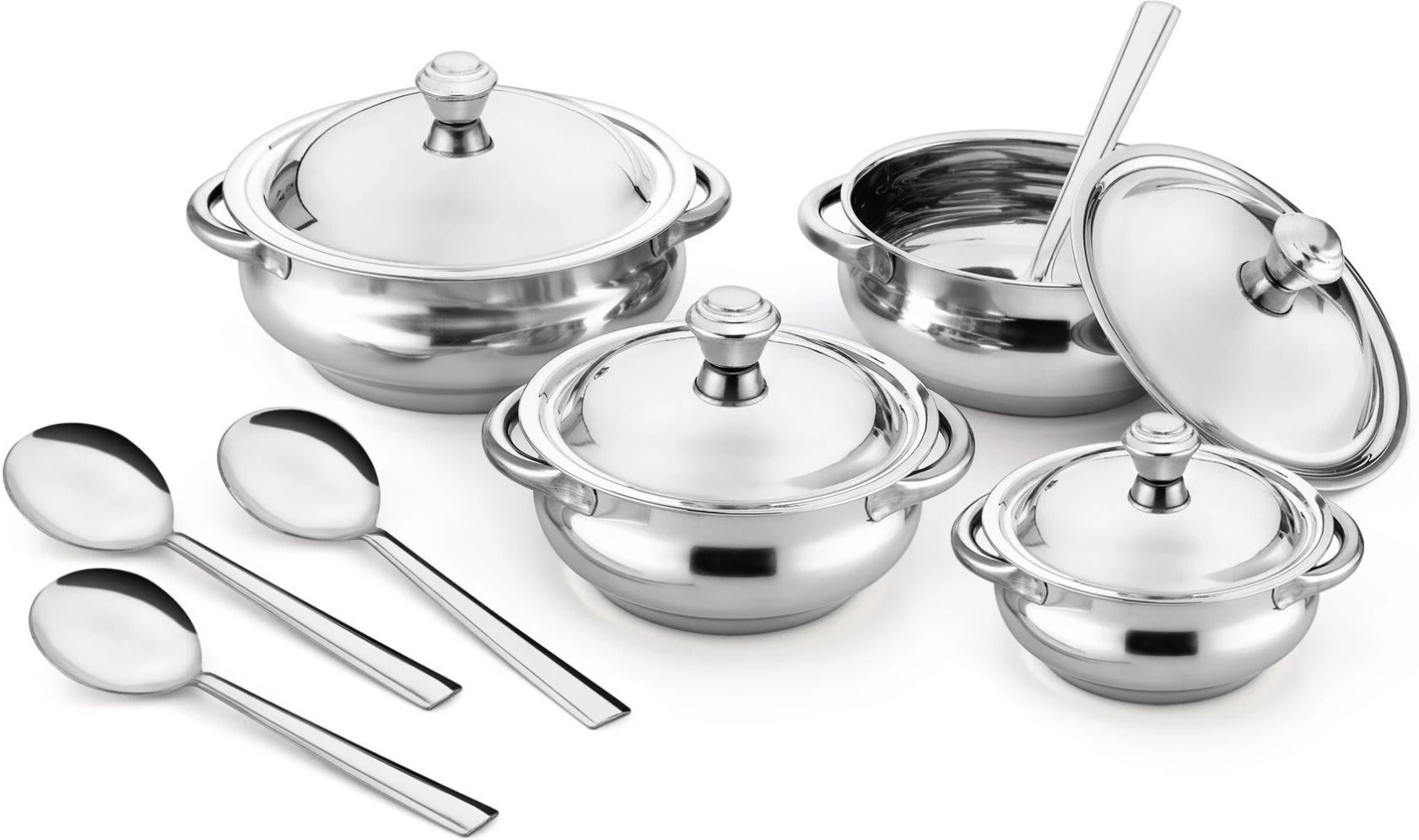 Stainless Steel Serving handi with lid | 4 Serving Spoon+ 4 Serving Bowl, Spoon Serving Set