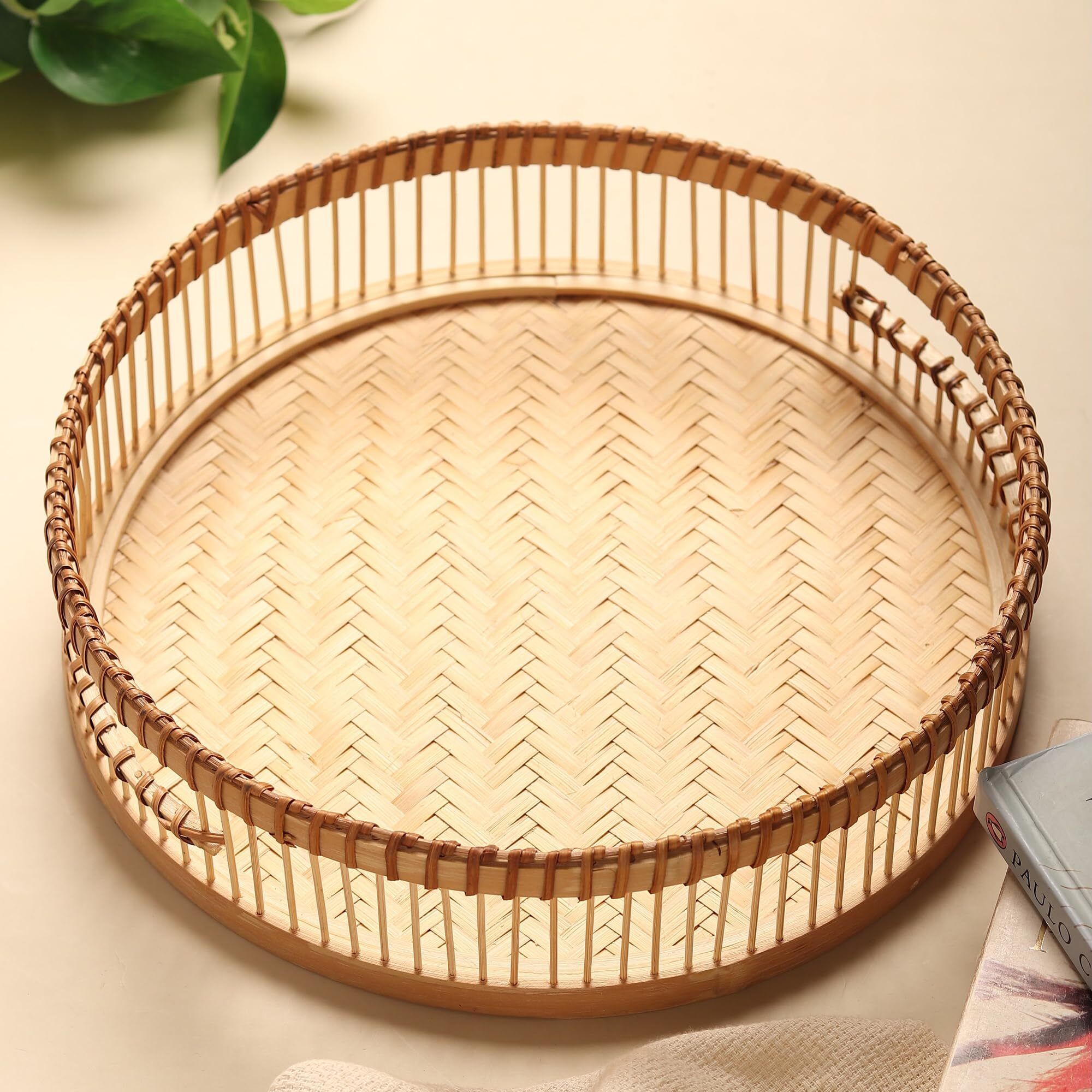 habere india Table Serving Tray Cane Beige with Woven Texture for Storage and Display Tray Serving Set-picture-26