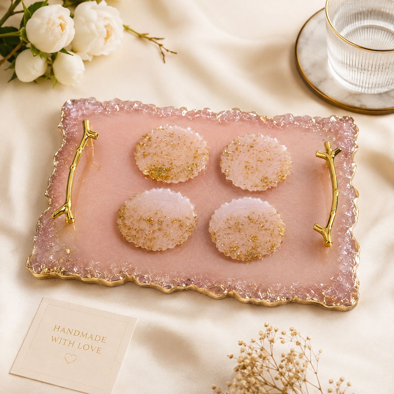 Suvi Artystry Pink Resin Serving Tray Premium Set with 4 Coasters & Gold Handles Tray, Coasters Serving Set-picture-15