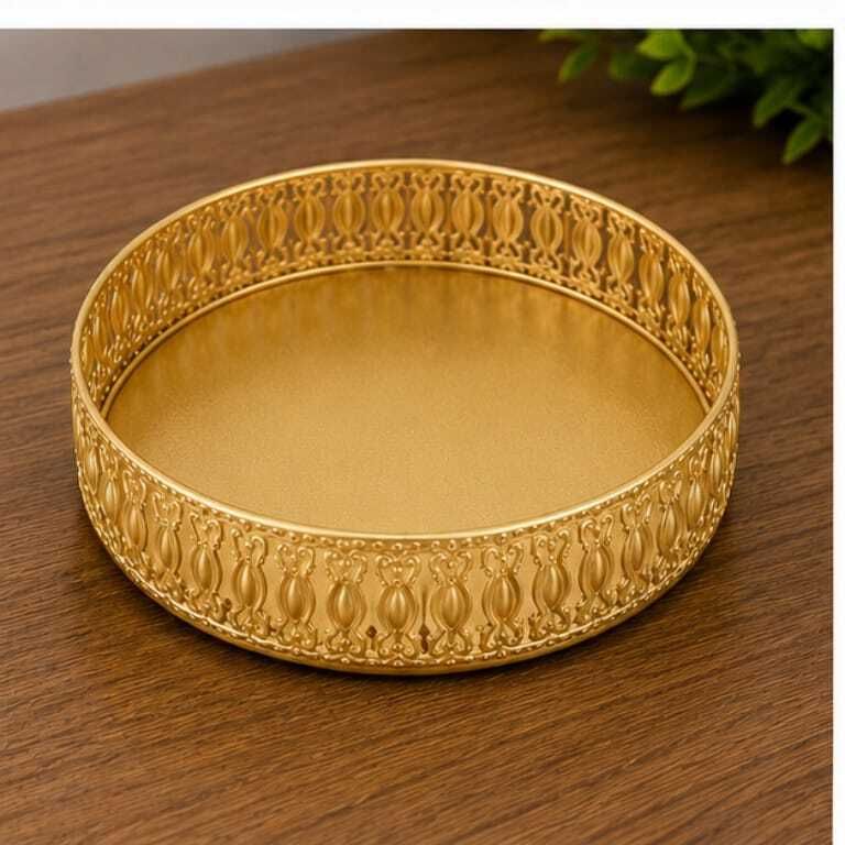 sk univarsal 8 Inch Round Iron Decorative Tray | Gold Metal Serving Tray Tray Serving Set-picture-29