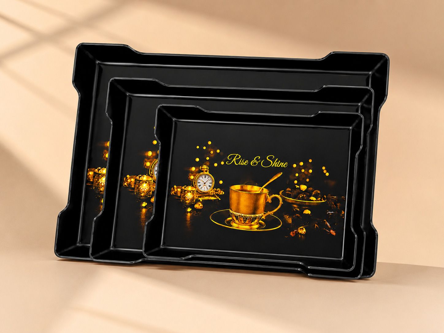 urbanplast Coffee Print Plastic Serving Tray Set for Tea Snacks and Breakfast Tray Serving Set-picture-22
