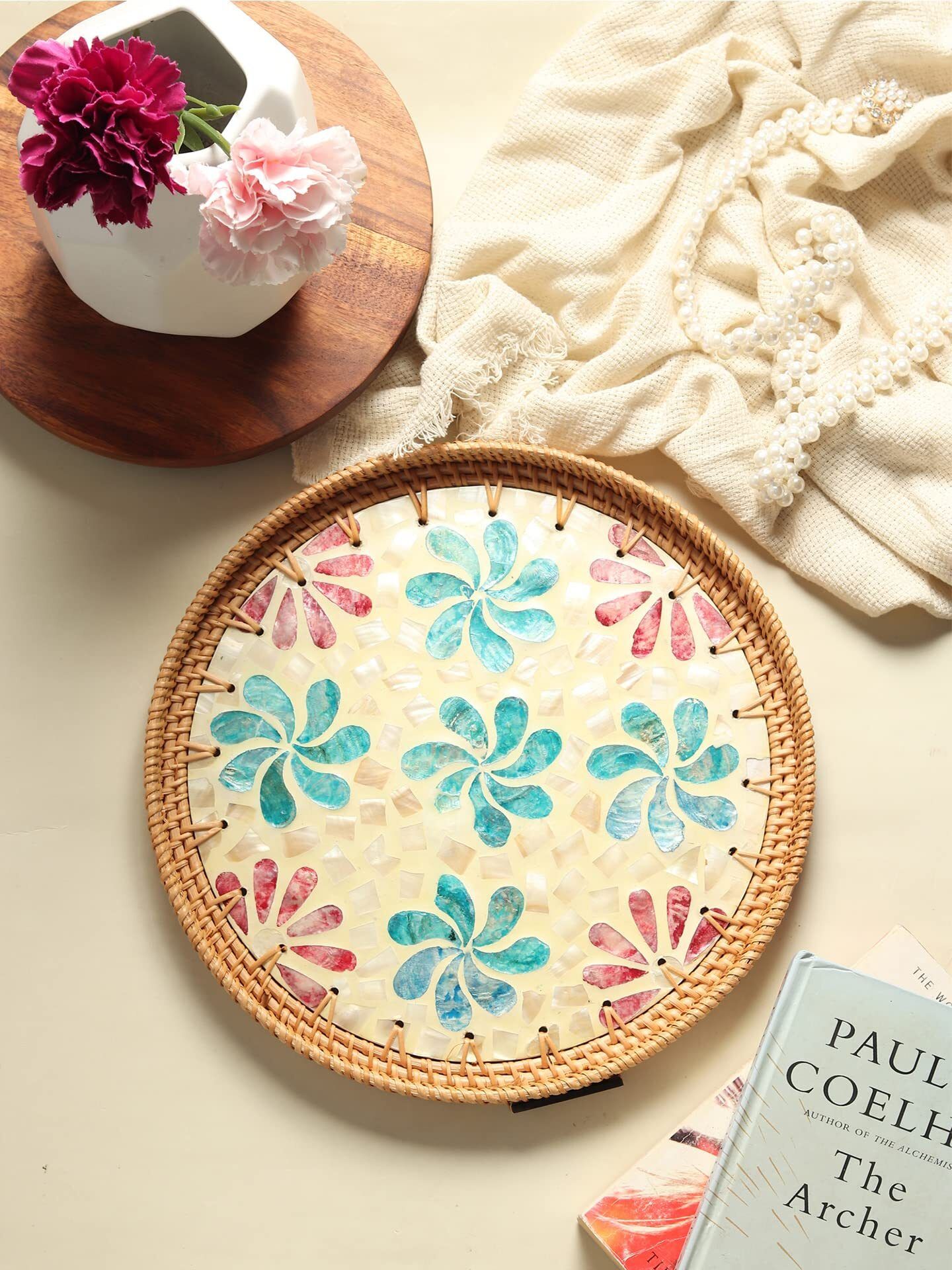 habere india Modern Serving Tray Cane Beige with Textured Weave for Table Styling Tray Serving Set-picture-20