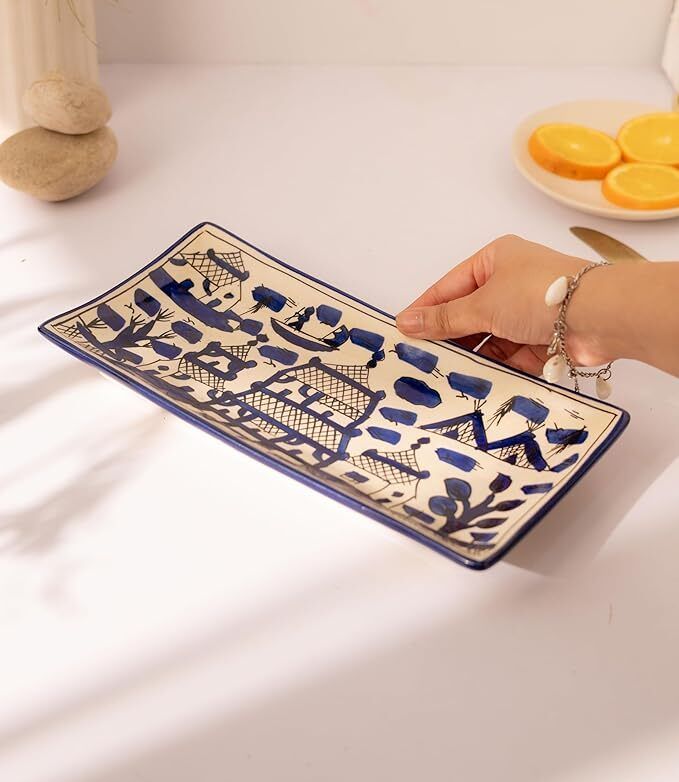 Hand-Painted Ceramic Rectangular Serving Plate, Blue & White - Studio Pottery Tray Serving Set-image-10