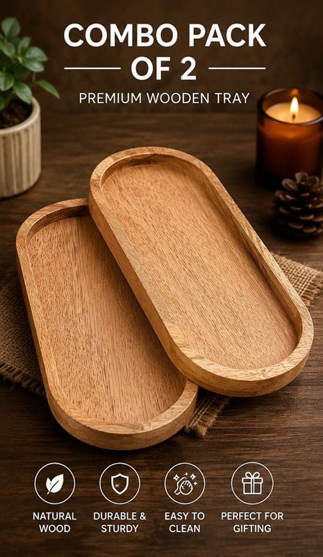 abuzarhandi Wooden Serving Tray Set of 2 – Premium Natural Wood Snack & Tea Tray Tray Serving Set-picture-38