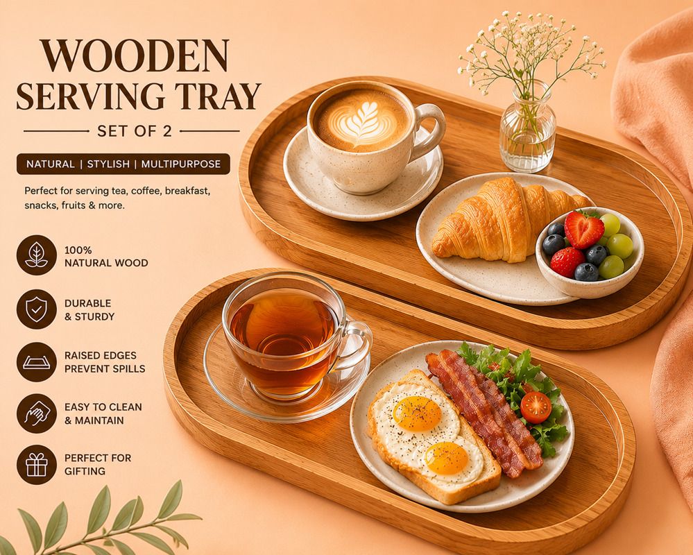 abuzarhandi Wooden Serving Tray Set of 2 – Premium Natural Wood Snack & Tea Tray Tray Serving Set-picture-12