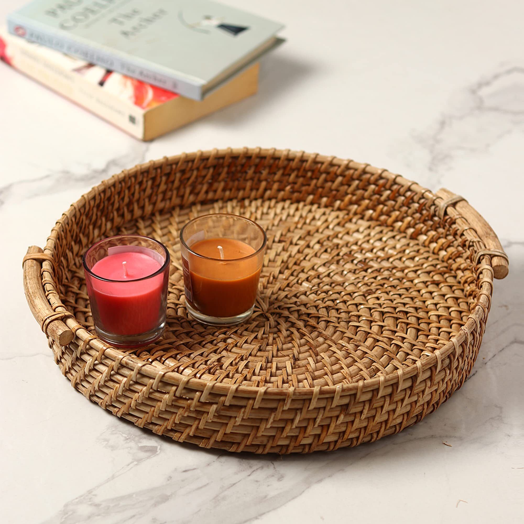 habere india Multipurpose Rattan Tray for Serving Snacks, Drinks, and Stylish Home Decor Tray Serving Set-picture-29