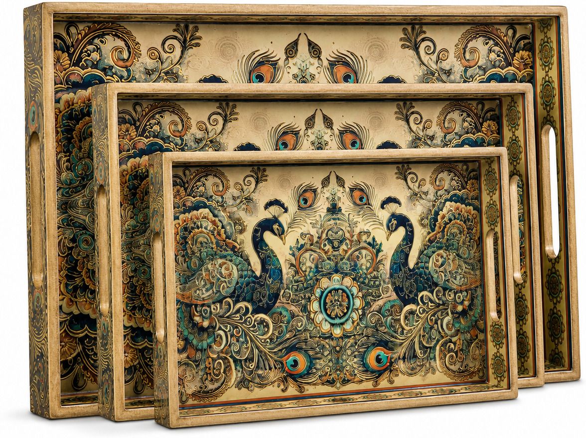 crusty Decorative Wooden Serving Peacock Design Tray Serving Set-picture-20
