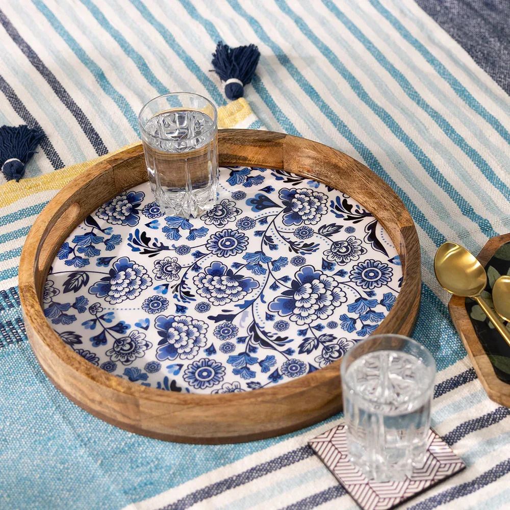 threadvibe living Premium Mango Wood Round Serving Tray with Blue Floral Print Plate, Tray Serving Set-picture-9