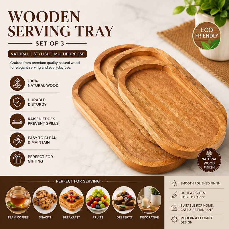 Wooden Serving Tray Set of 3 – Multipurpose Oval Tea, Coffee Tray Serving Set-image-6
