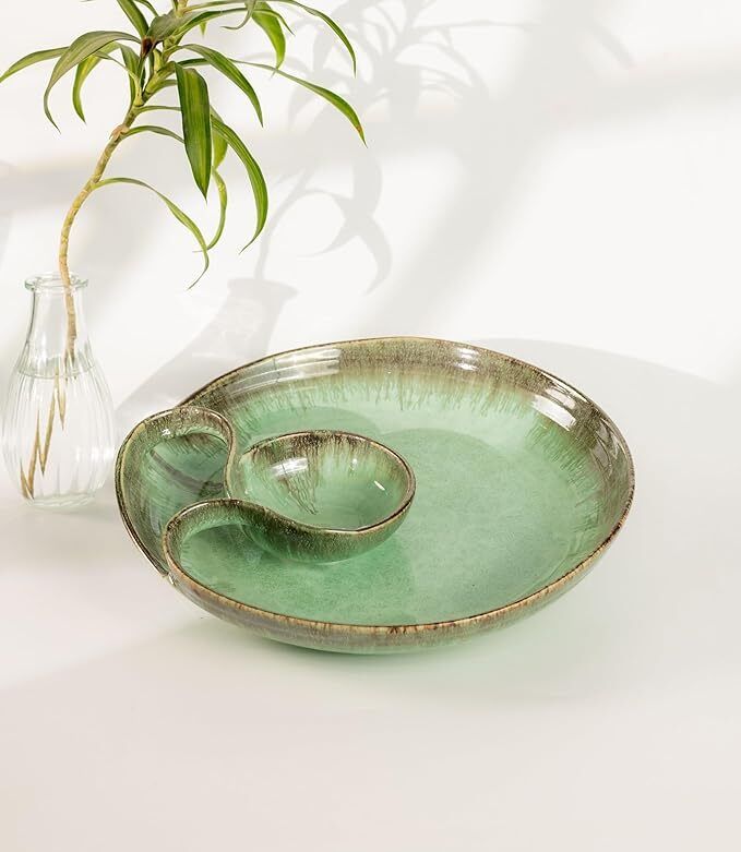 Handcrafted Ceramic Chip & Dip Serving Platter, Aqua - Microwave Safe Tray Serving Set-image-8