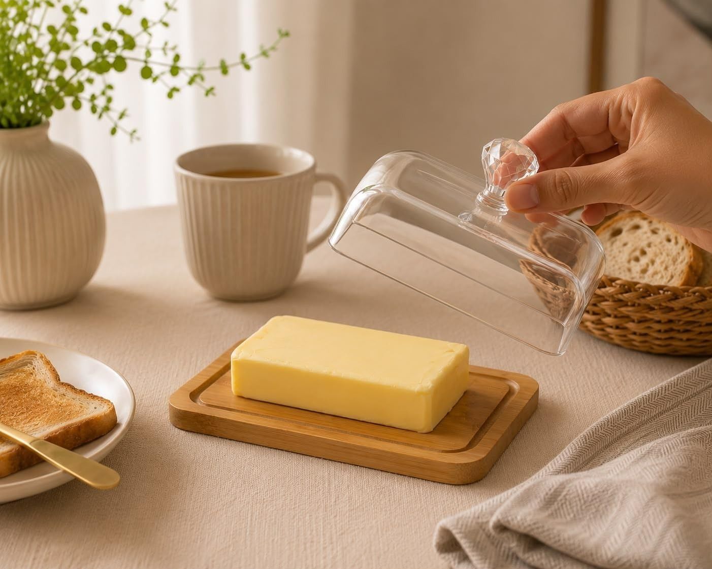 stopshop Butter Box for Fridge 250gm with Lid, Bamboo Base & Clear Acrylic Cover Butter Dish Serving Set-picture-32