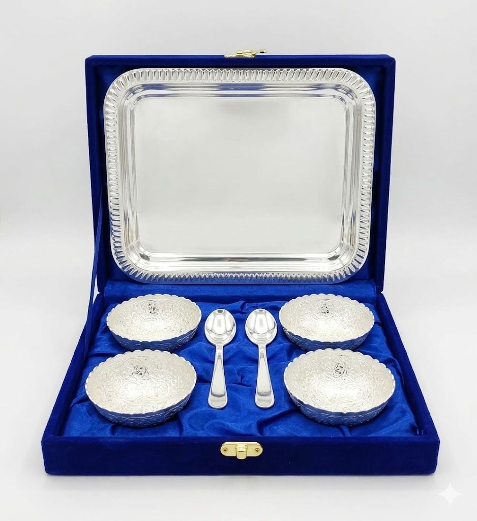 Silver Plated Dry Fruit Serving Set with Velvet Box Bowl, Spoon, Plate Serving Set-image-25