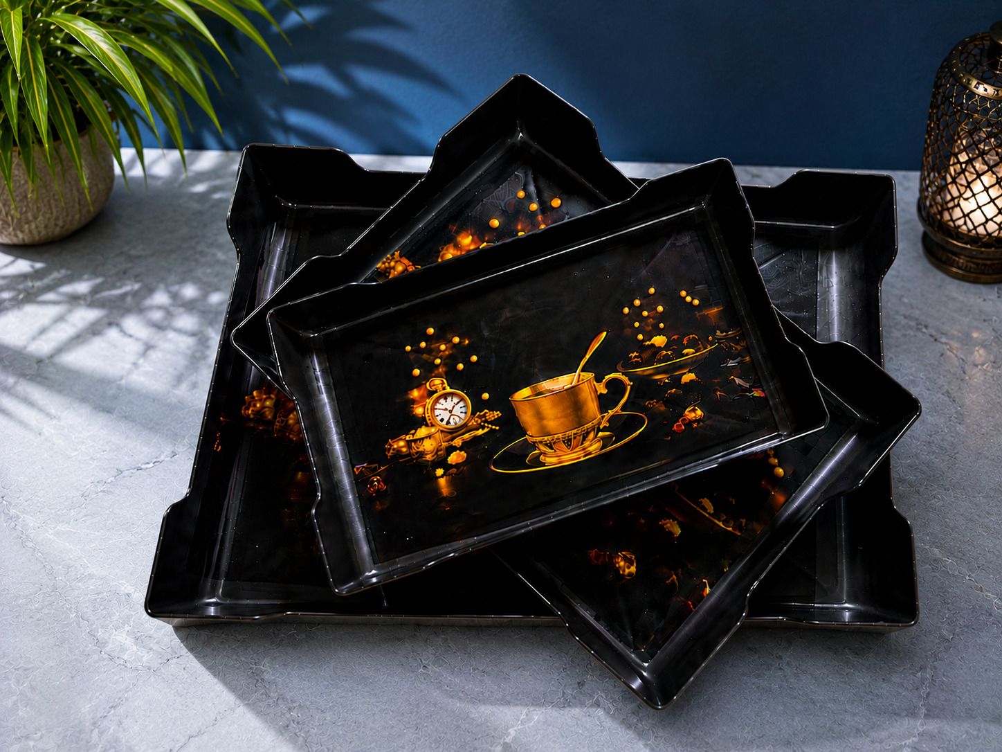 urbanplast Premium Kitchen Serving Tray Set of 3 with Stylish Tea Cup Print Tray Serving Set-picture-15