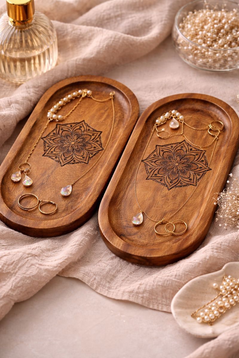 Wooden Serving Tray Oval Shape Floral Design, Organizer for Rings, Necklaces Tray Serving Set