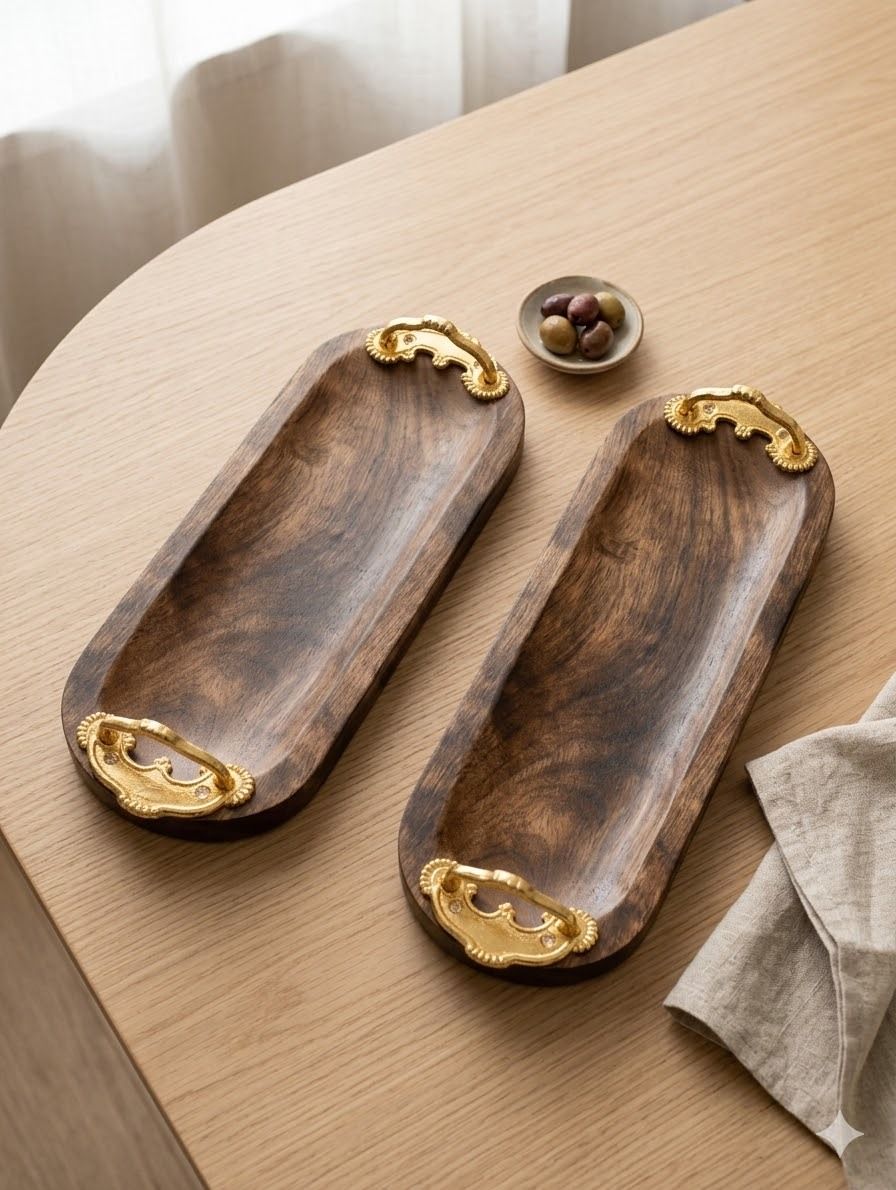 Wooden Serving Tray Set of 2 with Handle Natural Wood Brown Multipurpose Snacks Tray Serving Set-image-43