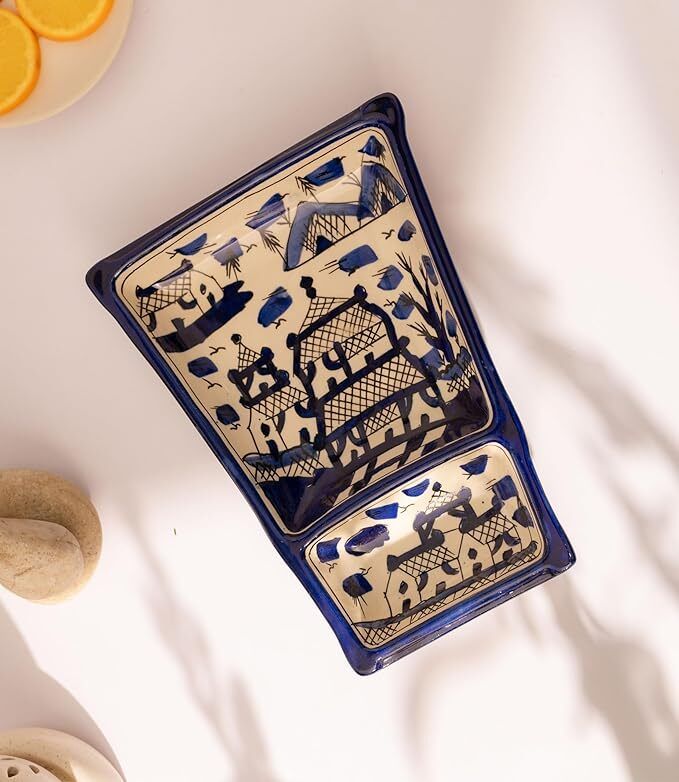 errai Hand-Painted Ceramic Rectangular Serving Plate (Blue), Studio Pottery Tray Serving Set-picture-11