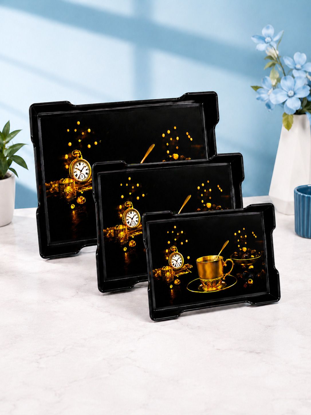 plasticnest Printed Plastic Serving Tray Set of 3 Durable Multipurpose Kitchen Tray Tray Serving Set-picture-44