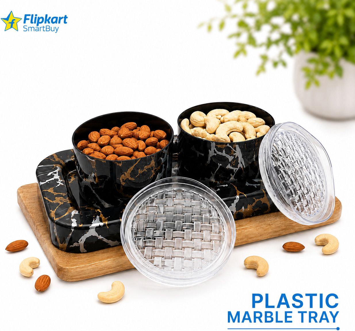 Plastic Marble Tray with 2 Airtight Storage Bowls (400 ml Each) Tray, Container Serving Set-image-41