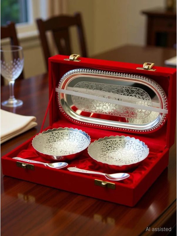 the healing store Traditional German Silver Plated Bowl with Spoon & Tray Bowl, Tray, Spoon Serving Set-picture-18