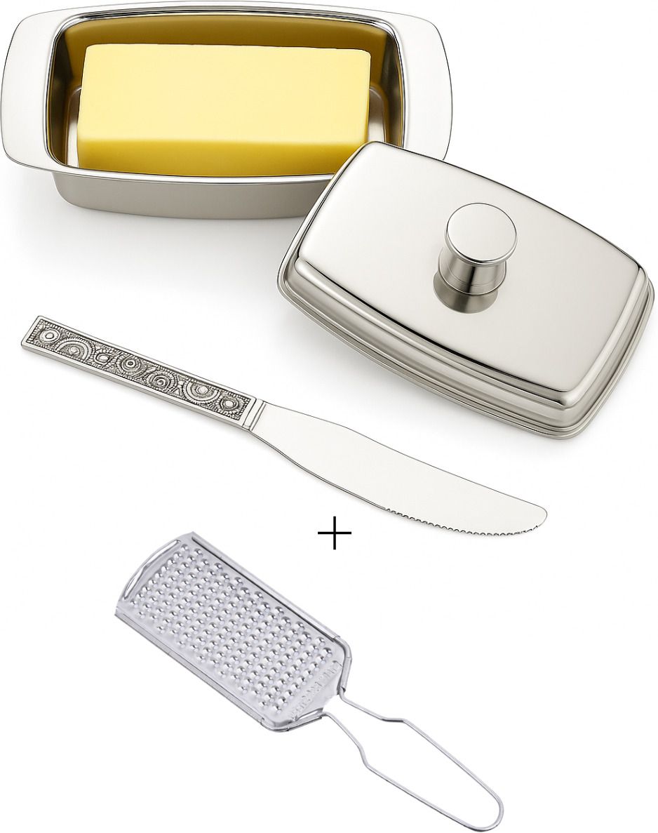 Niron Butter Plate 250gms with Lid and free Cheese Grater Butter Dish Serving Set-image-1