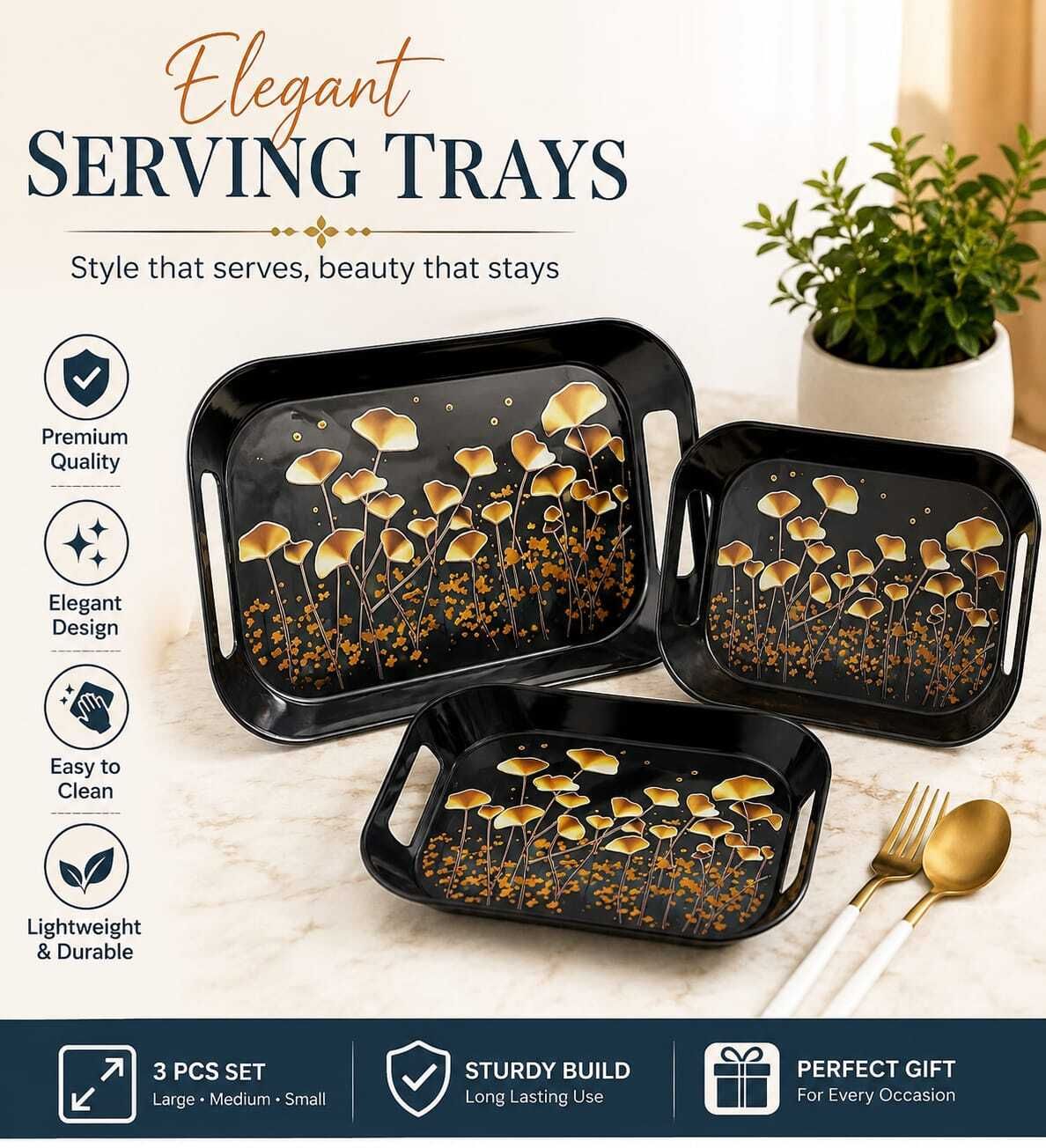 Multipurpose Floral Serving Tray Set | Lightweight Plastic Tray Serving Set-image-31