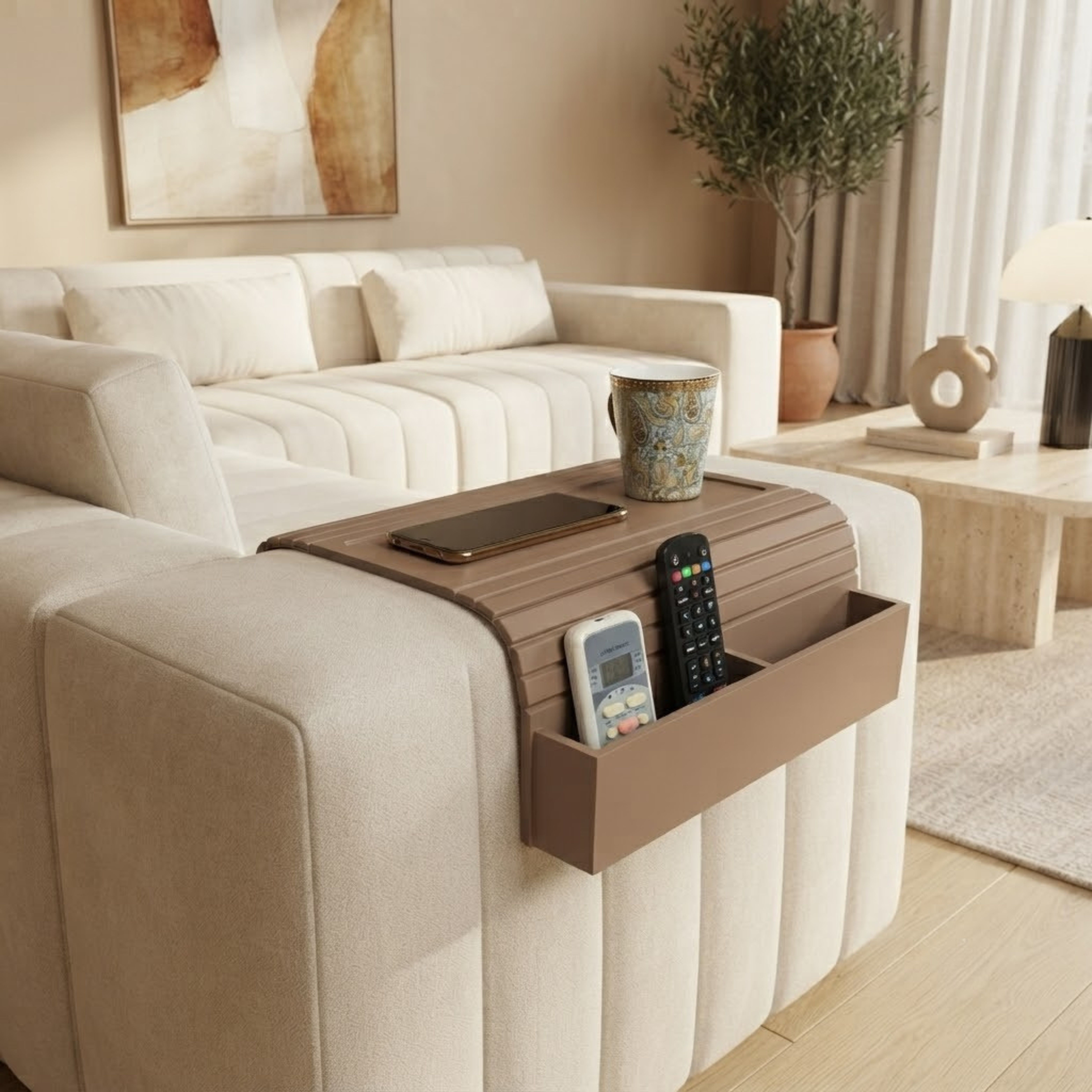 home sparkle Premium Sofa Arm Tray Table Brown with Remote Holder Tray Serving Set-picture-12