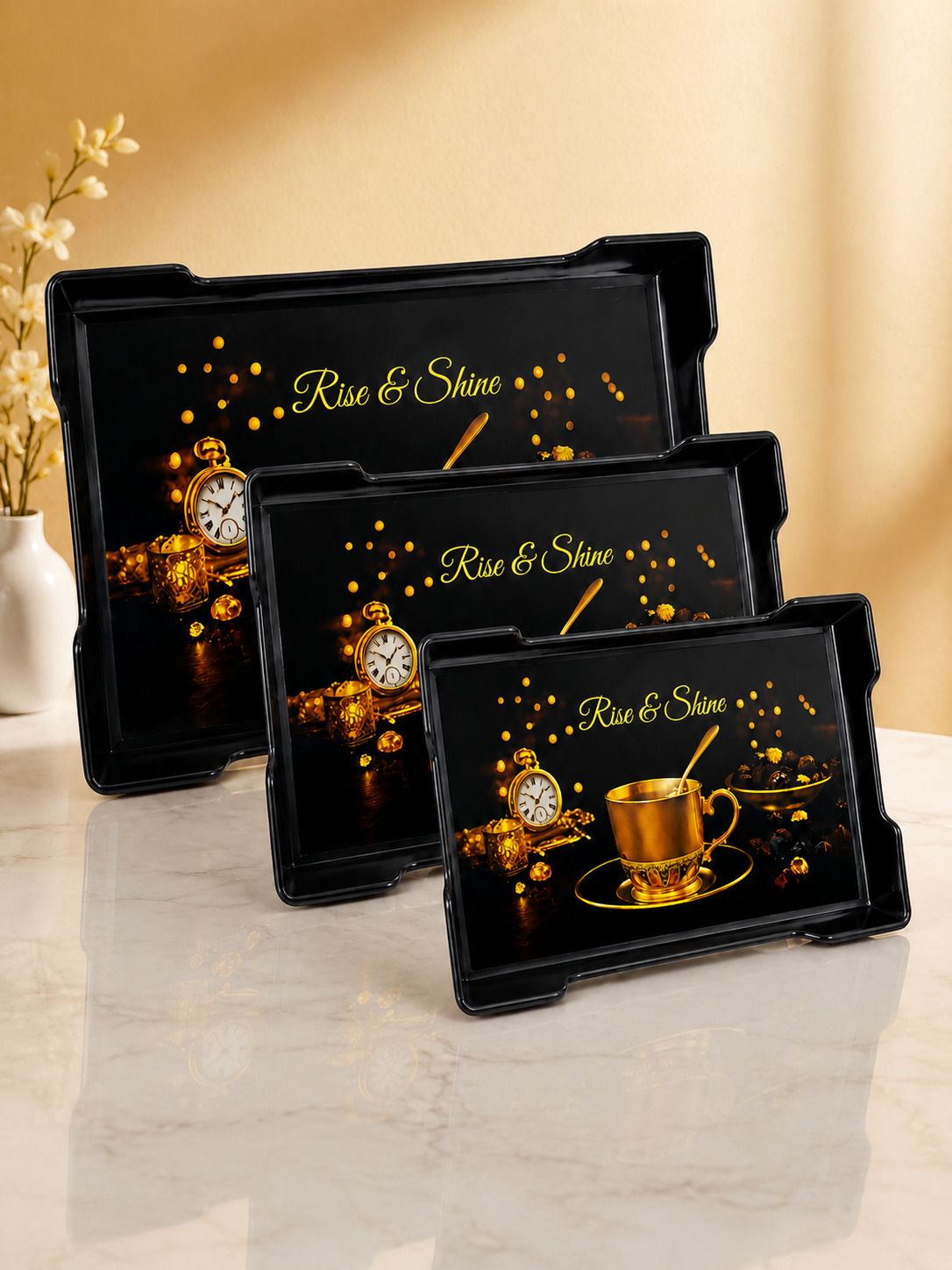 plasticnest Elegant Plastic Tea Coffee Breakfast Serving Tray Set Black Tray Serving Set-picture-13