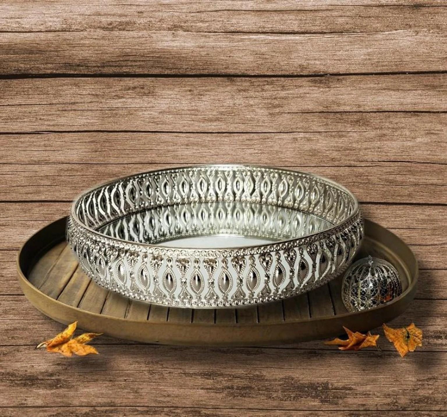 Antique Silver Round Mirror Serving Tray Glass Serving Set-image-49