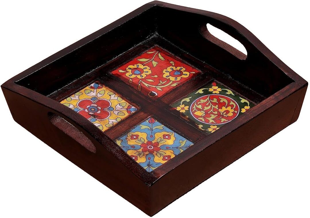 r.s enterprises Handcrafted Wooden Serving Tray with Hand Painted Floral Tile Design Tray Serving Set-picture-48