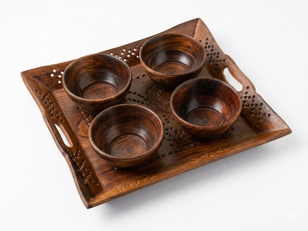 HNB Creation Serving Tray and Bowl Set | Wooden Serving Set with 1 Tray 4 Bowls Dish, Chip & Dip Tray, Tray, Bowl, Plate Serving Set-picture-21