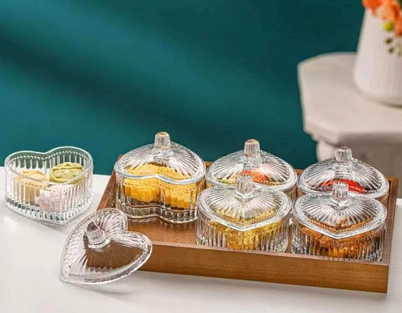 saudeep india 6 Piece Heart Glass Jar Set with Wooden Tray 250ML | Export Quality Container Serving Set-picture-21