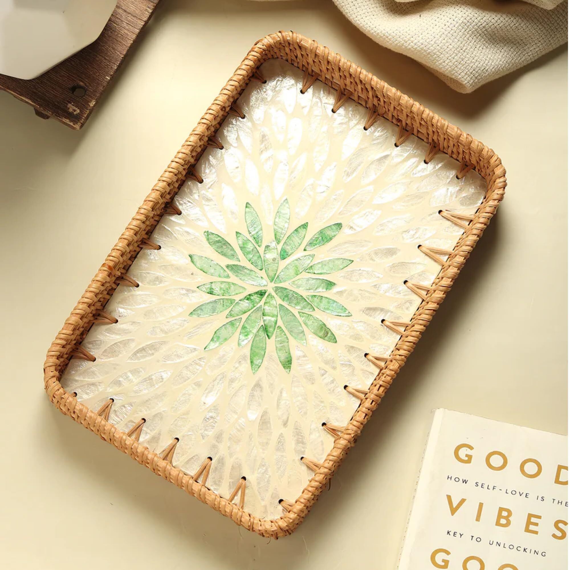 habere india Boho Serving Tray Cane Beige with Handwoven Texture for Home Decor Tray Serving Set-picture-17