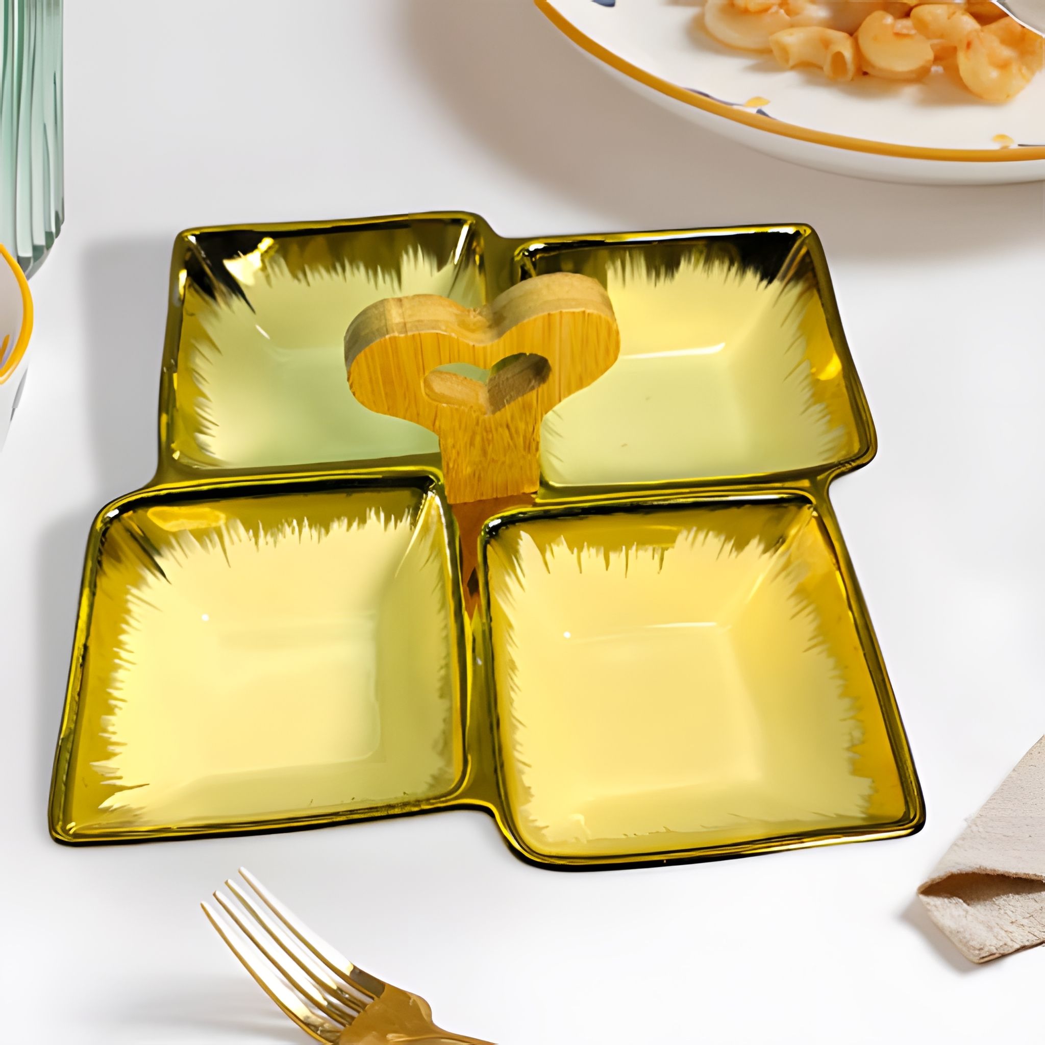 Ceramic Quad-Part Platter with Bamboo Handle & Golden Rim Design for Nuts,Snacks Tray Serving Set-image-22