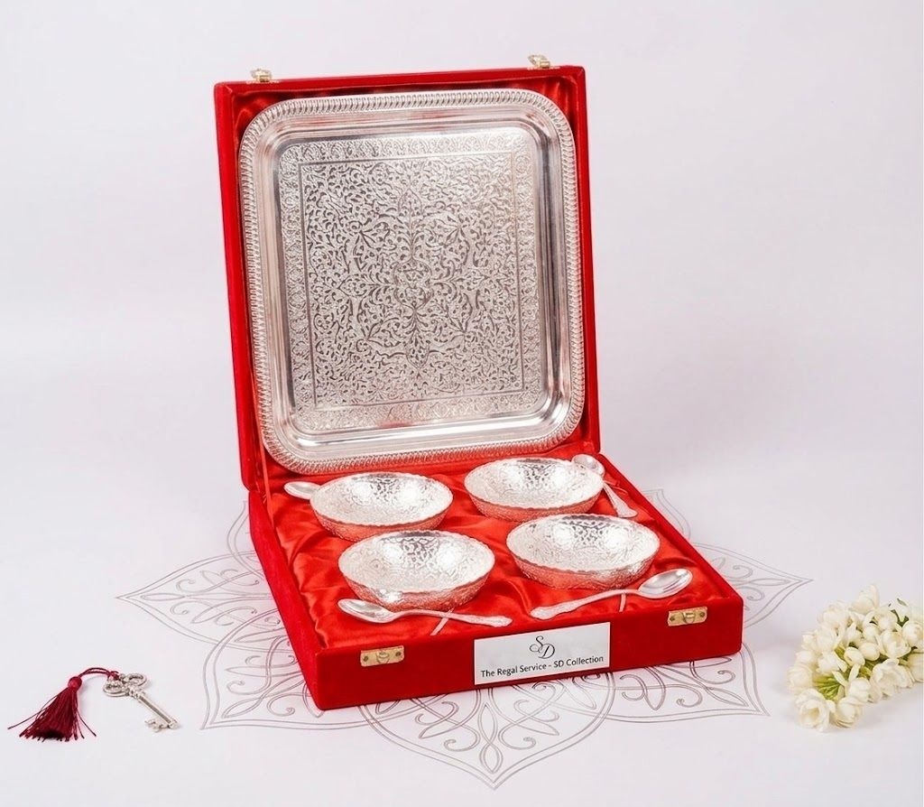 shree krishna home decor Premium Silver Plated 4 Bowl Set with Tray & Velvet Box Bowl, Plate, Spoon Serving Set-picture-19