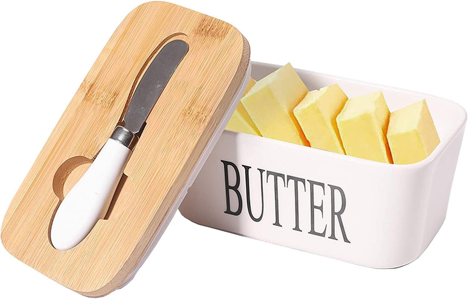 Ceramic Butter Box with Bamboo Lid Container with Knife Ceramic Cake Server Butter Dish Serving Set-image-15
