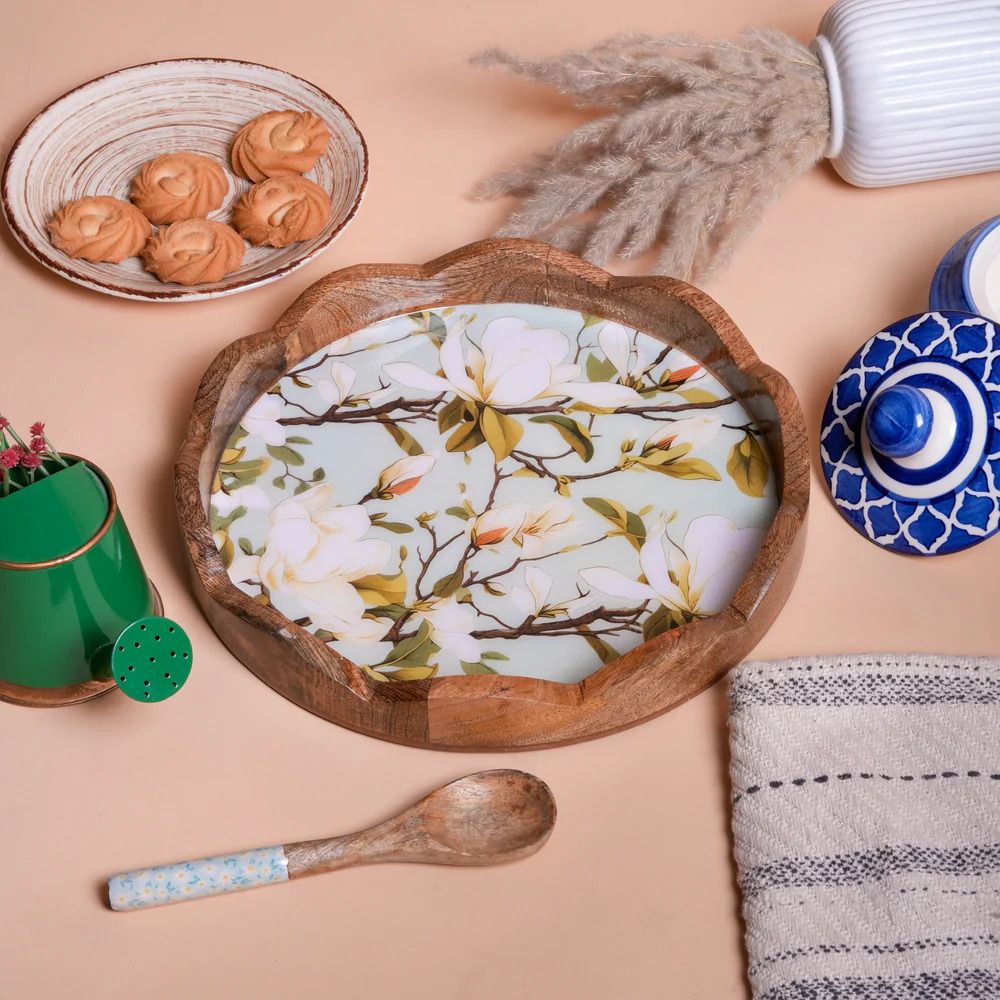 threadvibe living Round Mango Wood Serving Tray with White Magnolia Floral Print Plate, Tray Serving Set-picture-10