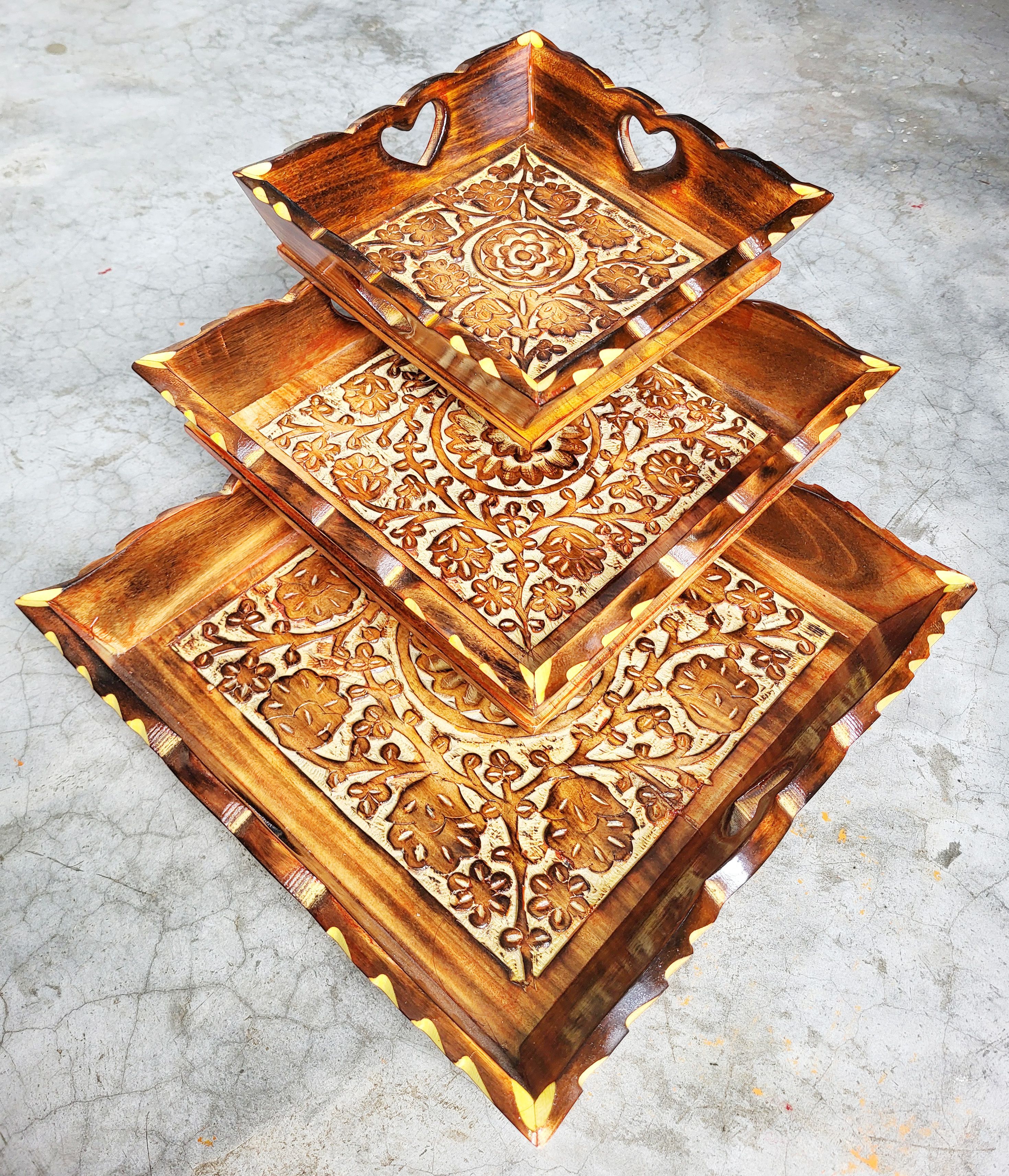 aaapremises Handicraft Wooden Serving Tray SET OF 3 Tray Serving Set-picture-13