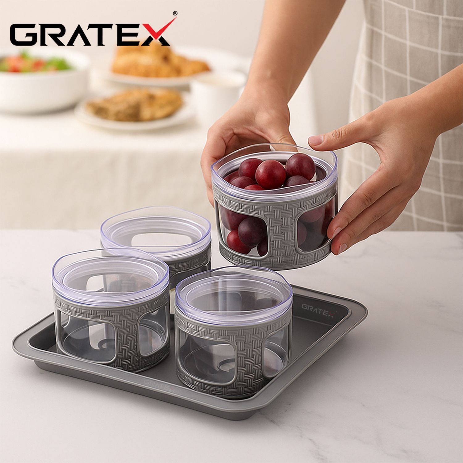 gratex Sun Shine Square Grey Plastic Serving Bowl Set of 4 Pieces with Tray Bowl, Tray Serving Set-picture-12