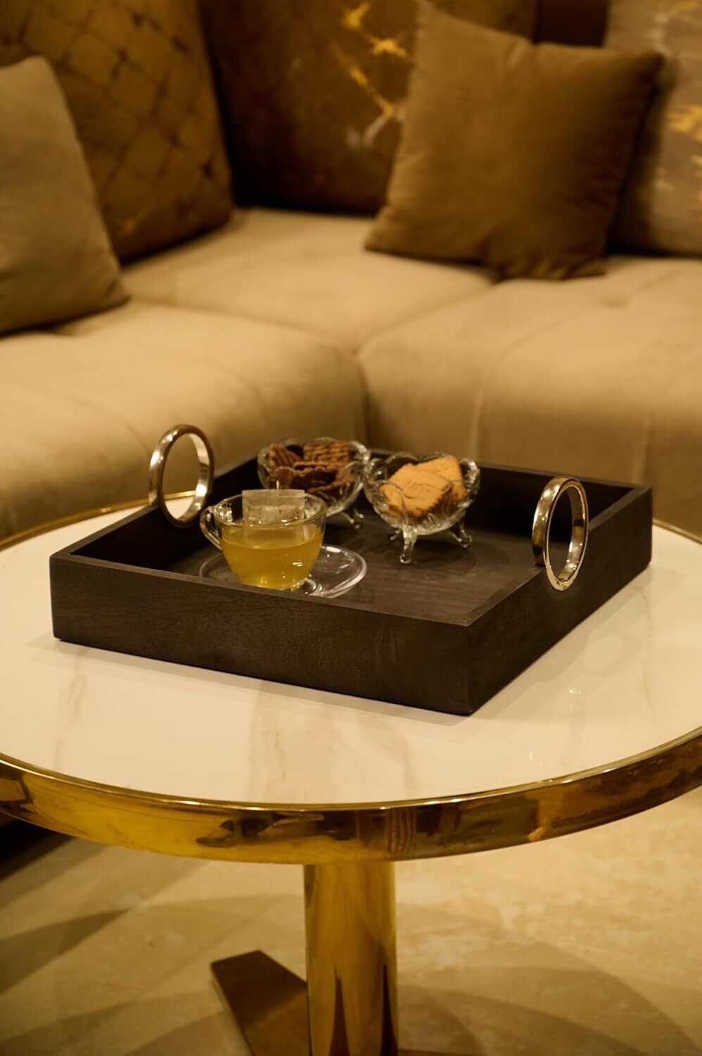 Wooden Square Black Serving Tray with Circular Metal Handles for Home Decor Tray Serving Set-image-14