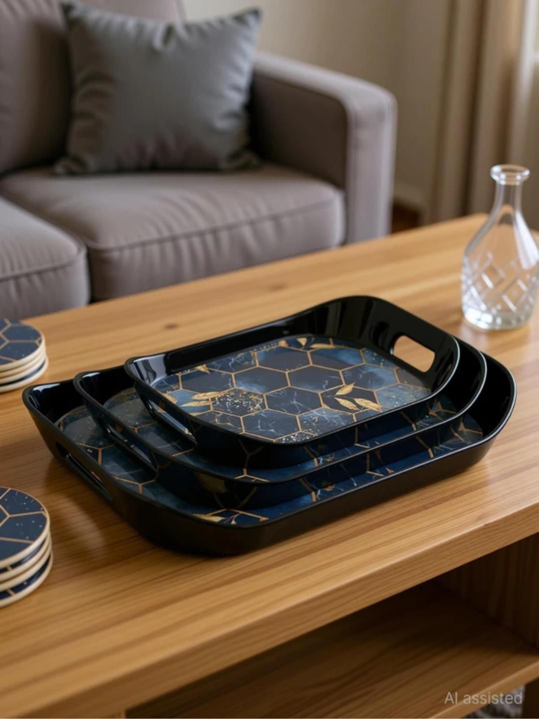 Premium Plastic Serving Tray Set of 3 with Handles | Black Hexagon Design Tray Serving Set-image-42