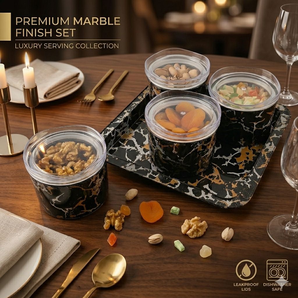 NIJEN DRY FRUIT BOX ROUND 4PCS BLACK WITH MARBLE PRINT DESIGN Tray, Serving Set Tray, Bowl Serving Set-image-27
