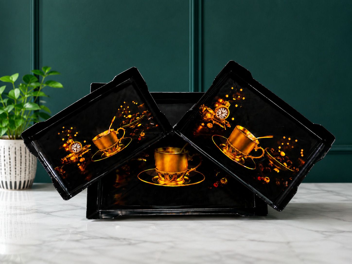 urbanplast Rectangle Plastic Serving Tray Set of 3 Premium Black Finish for Home Tray Serving Set-picture-29